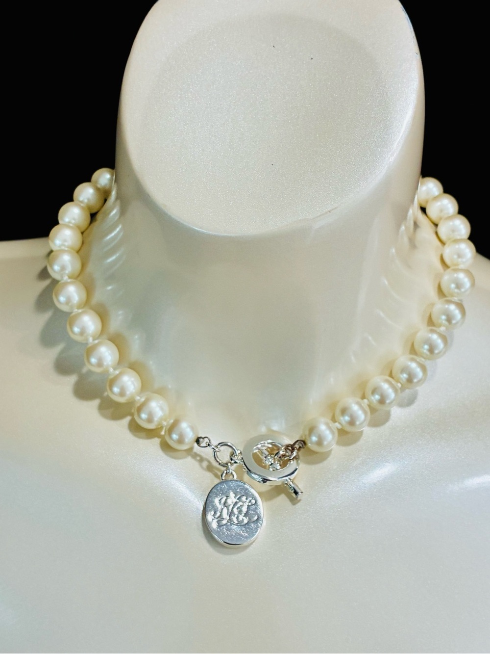 Lauren Ralph Lauren Cream Pearl Necklace with Silver Toggle Monogrammed Charm